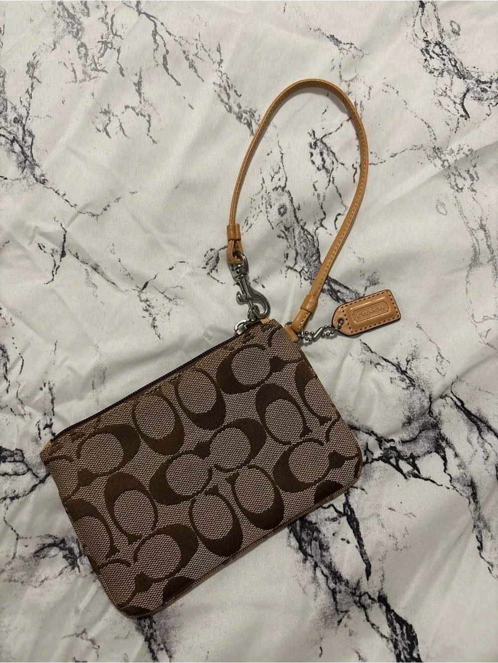 Coach Brown Signature Canvas Wristlet with Tan Leather Trim
